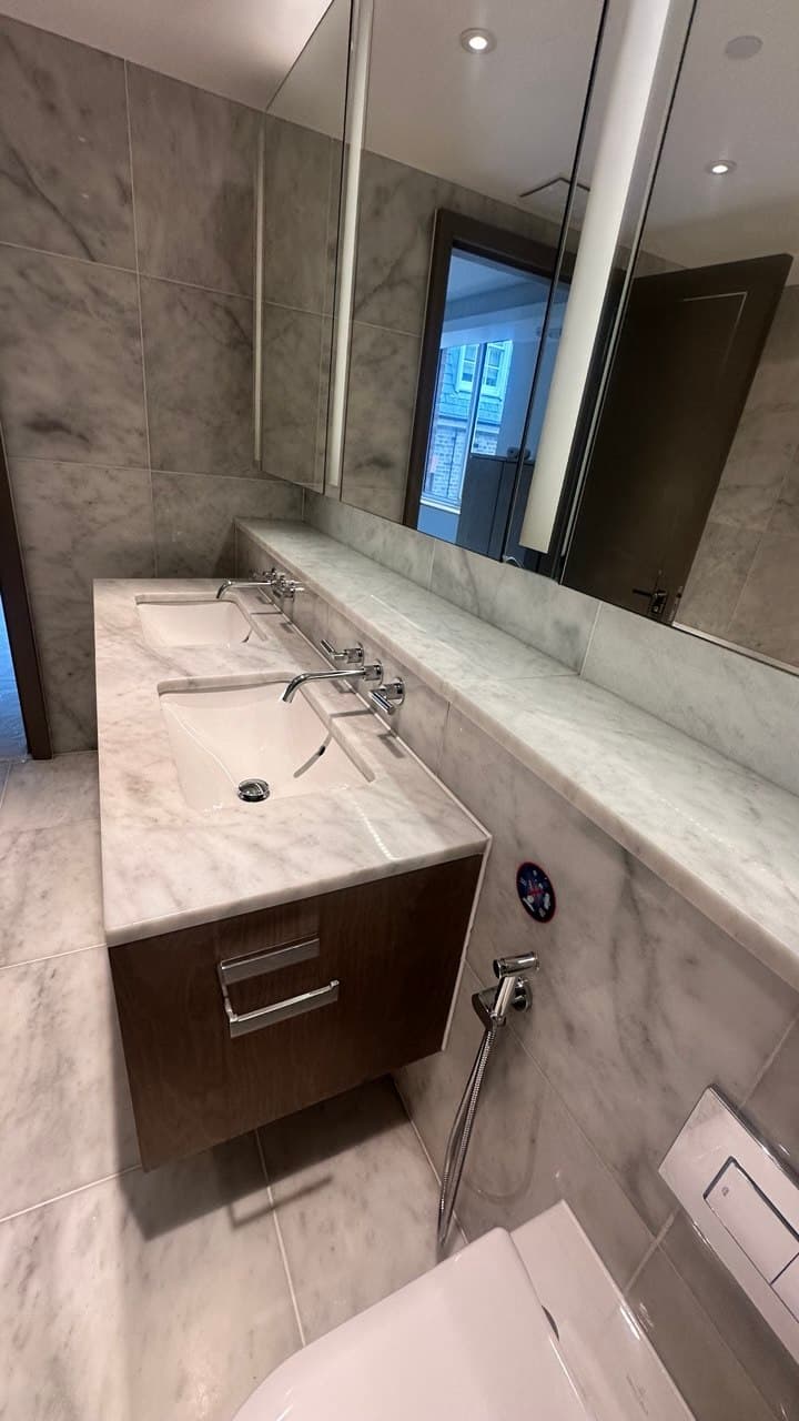 Double vanity with dark timber joinery, marble counter, and integrated smart controls
