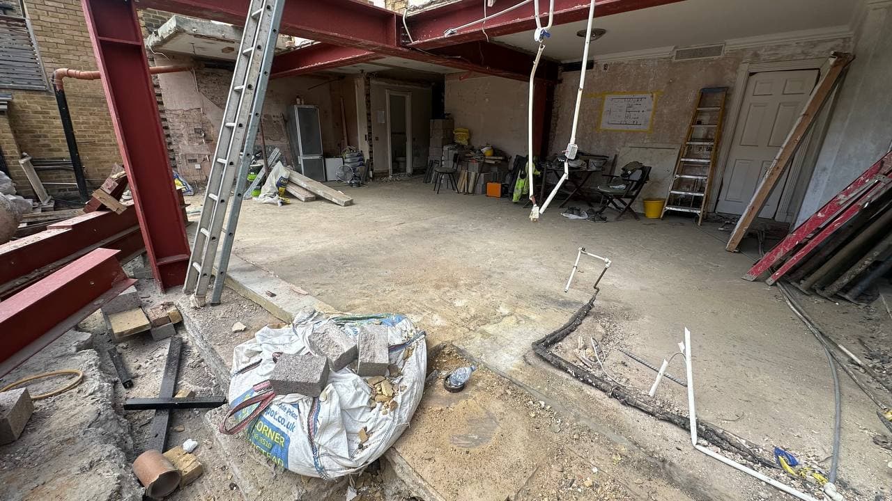 Rear structural steelwork during redevelopment of the Chelsea residence
